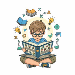 A boy sits cross-legged, engrossed in a magical book, surrounded by swirling educational symbols and glowing light.