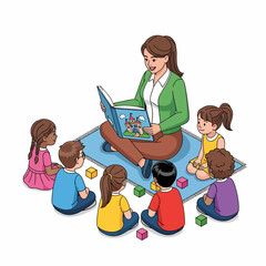 Teacher reading a book to a group of children sitting on a rug.