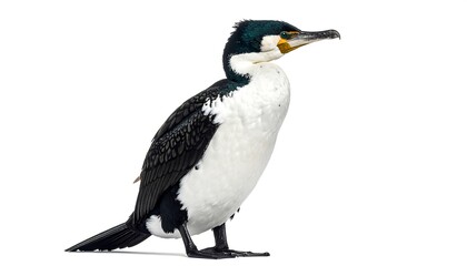 Fototapeta premium A single, side-view image of a crested cormorant, featuring contrasting black and white plumage, is presented against a plain white background.