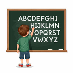 A young boy with his back to the viewer writes the English alphabet in white chalk on a green chalkboard.