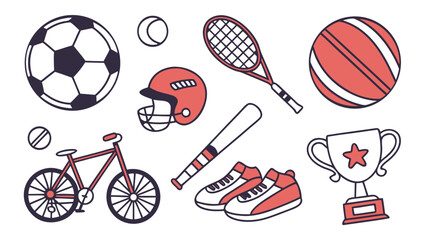 Sports and fitness icon set with football, cricket, basketball, tennis, swimming, boxing, cycling, dumbbell, trophy Sports and fitness icon set with football, cricket, basketball, tennis, swimming.