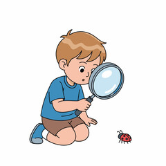A young boy kneels, observing a ladybug with a magnifying glass, exploring nature and science.