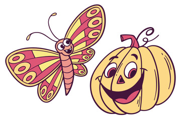 Obraz premium Cheerful cartoon butterfly with pink and yellow patterned wings alongside a happy jackolantern pumpkin character.
