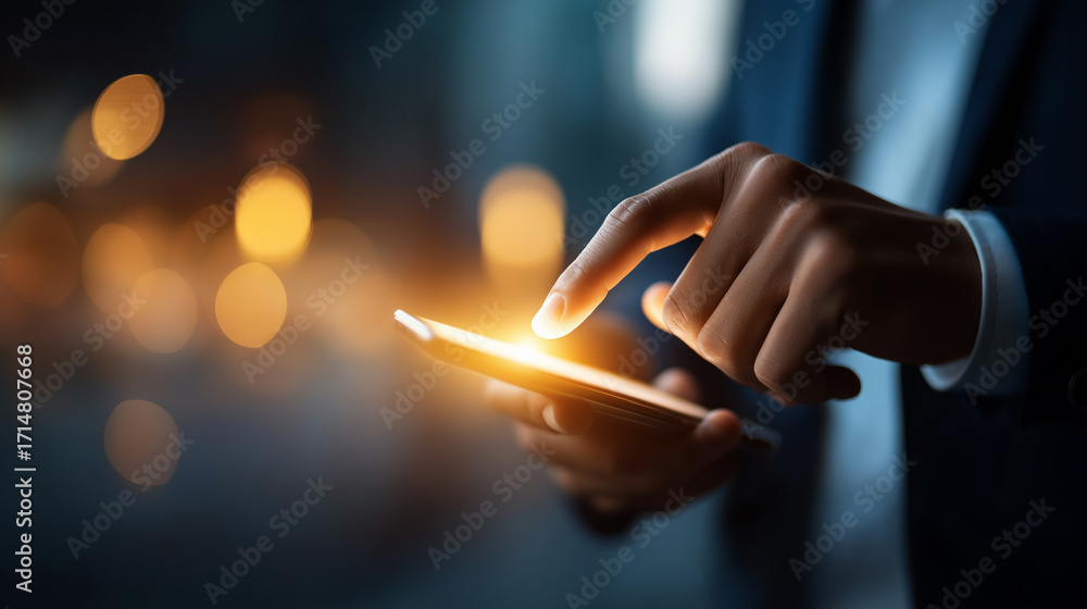 Poster businessman touching glowing holographic ai chatbot floating above smartphone on dark background wit