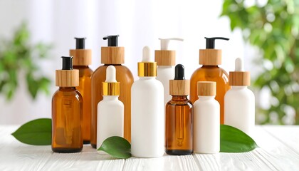 Skincare bottles and leaves on a white table