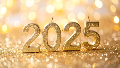 Close-up shot of golden numerals spelling "2025," celebrating the upcoming year against a shimmering bokeh background
