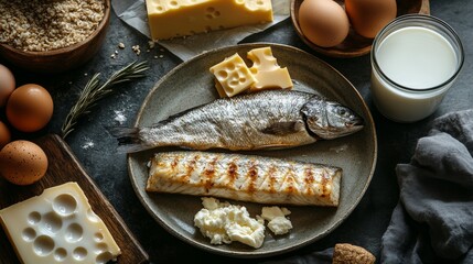 "Vitamin B12" A plate filled with grilled fish, eggs, and a side of cheese, with a glass of milk nearby. The vitamin B12 molecules are subtly highlighted in the scene, representing its importance for 