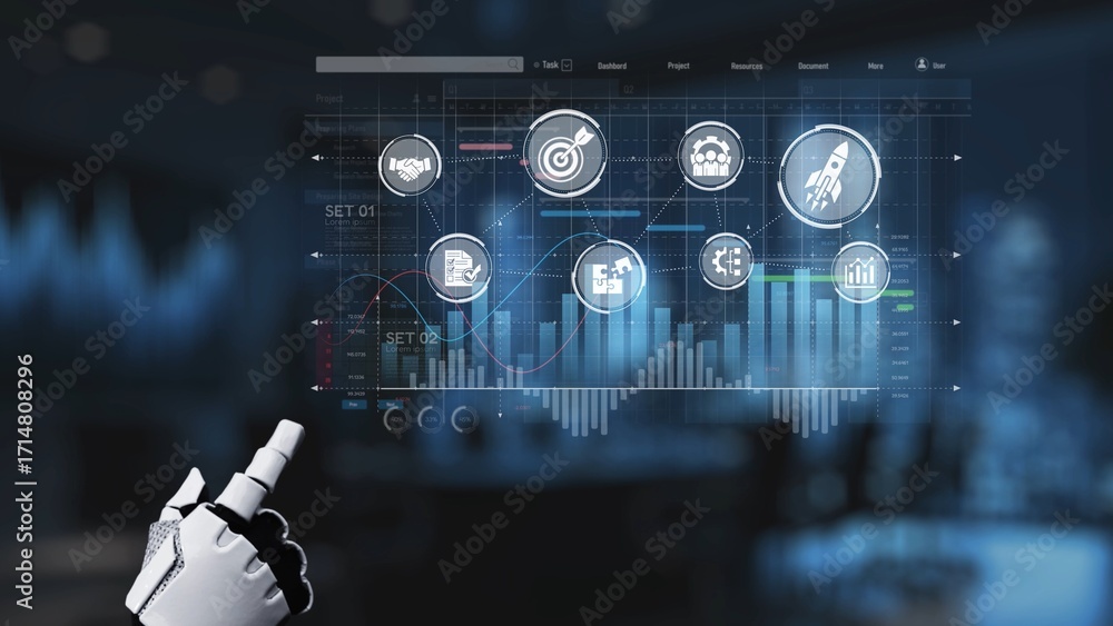 Poster a robotic hand interacts with a digital interface displaying business analytics and graphs, embodyin