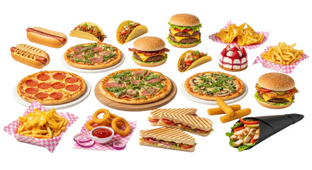 Extensive variety of popular fast food, including hot dogs, pizzas, burgers, tacos, nachos, fries, onion rings, panini, isolated on transparent background, concept of culinary abundance