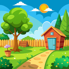 Fototapeta premium Sunny cartoon backyard scene with tree shed and potted plant vector illustration
