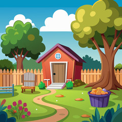 Cartoon suburban backyard landscape with garden shed trees and fence vector illustration