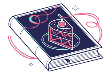 Fototapeta premium Vibrant flat design illustration of a closed book featuring a cherrytopped cake slice on its dark blue cover.
