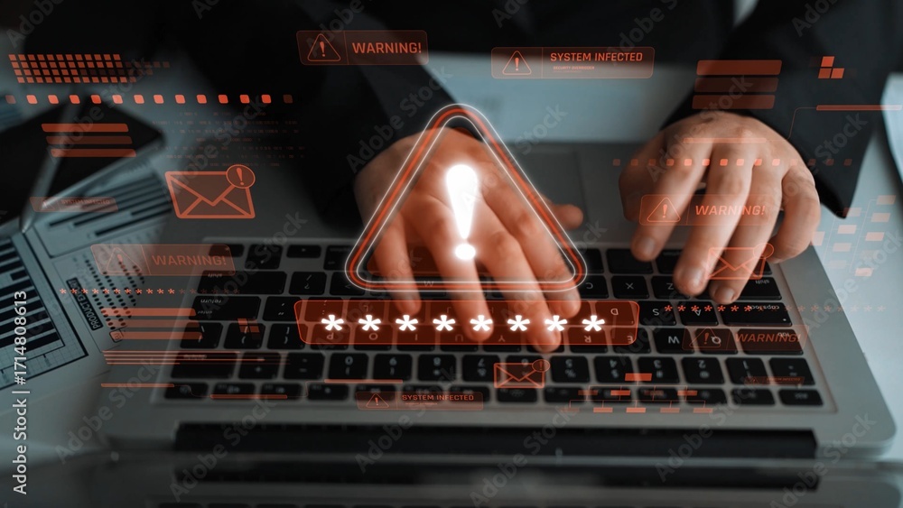 Poster password security breach warning with red asterisk box, cybersecurity alert, lock icons, and critica