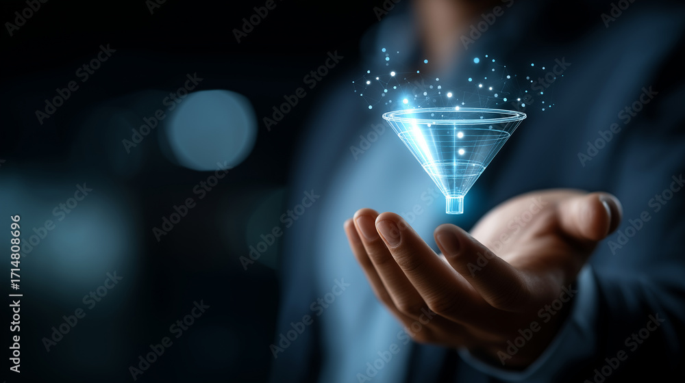 Poster crm manager hands controlling glowing hologram of customer data optimizing sales funnel through adva