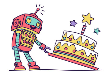 Whimsical red and teal cartoon robot with antenna carrying a festive twotier birthday cake.