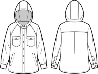 jacket, hooded, outerwear, fashion, clothing, apparel, garment, coat, casual, button, pocket, sleeve, collar, stylish, front, back, vector, design, sketch, illustration