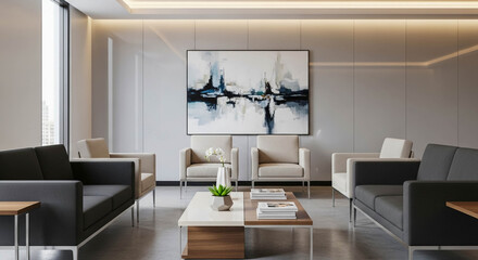 Fototapeta premium Minimalist Lounge Area with Symmetrical Seating, Geometric Decor, and City View Window