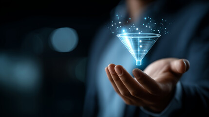 CRM manager hands controlling glowing hologram of customer data optimizing sales funnel through advanced management system on dark background. CRM system customer management dig