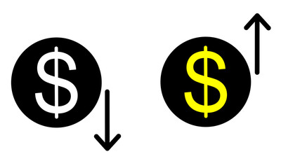 Rising and falling dollar symbol icons. White downward tilt and yellow upward tilt $ signs, vector finance concept for economy, trading, investment, posters and business design.