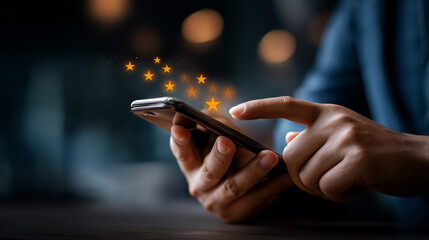 Detailed close up: customer hands leaving five star review on premium smartphone surrounded by animated rating icons on dark background. mobile reviews customer feedback online