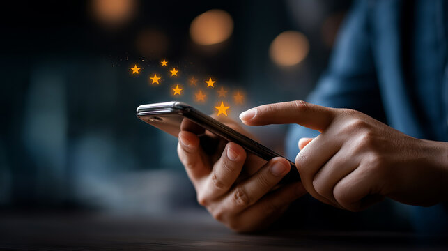 Detailed close up: customer hands leaving five star review on premium smartphone surrounded by animated rating icons on dark background. mobile reviews customer feedback online