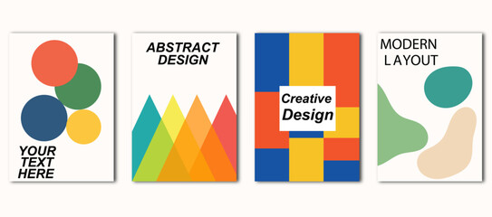 Abstract poster set. Four creative layouts with colorful circles, geometric triangles, square block patterns and organic shapes, modern templates for posters, flyers, and graphic design