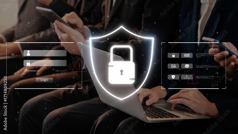 Poster a visual representation of cybersecurity featuring hands holding devices, a digital lock symbol, and