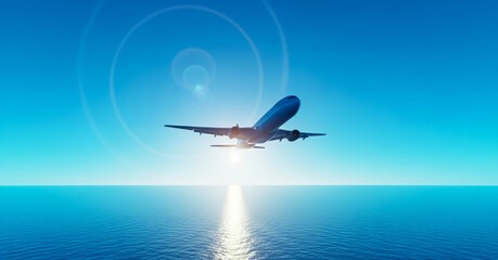 Fototapeta premium Commercial Jet Flying Over Turquoise Coastline and Mountainous Terrain