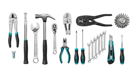 Professional hand tools with reflective metal and black/turquoise handles, precisely arranged flat lay on a transparent background with ample copy space, a concept of precision and craftsmanship