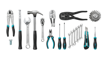 Professional hand tools with reflective metal and black/turquoise handles, precisely arranged flat lay on a transparent background with ample copy space, a concept of precision and craftsmanship