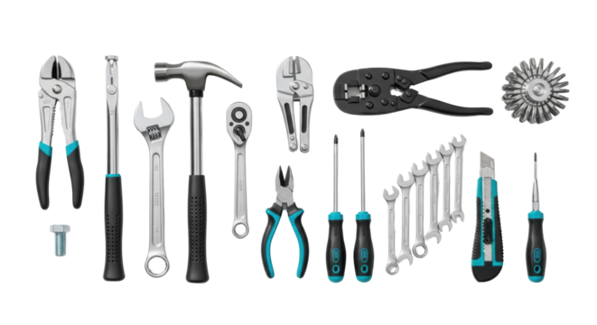 Professional hand tools with reflective metal and black/turquoise handles, precisely arranged flat lay on a transparent background with ample copy space, a concept of precision and craftsmanship - Powered by Adobe