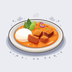 vector illustration of Indonesian rendang beef curry served on a plate