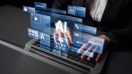 Obraz premium AI Assistant Brain Processor with LLM Technology, Big Data, Machine Learning, Generative AI for Business Support, Future Agentic AI Technology and Artificial Intelligence Prompt Engineering. Muxer