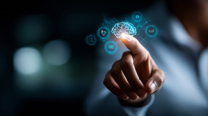 Fototapeta premium Educational technology specialist hands using digital interface with AI learning icons hologram for developing personalized online courses on dark background. digital education