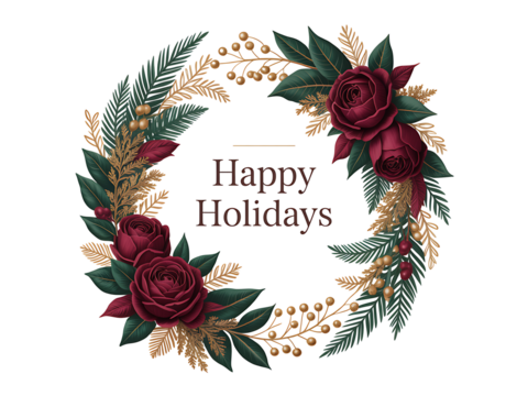 Elegant burgundy floral christmas wreath with golden accents isolated on transparent background