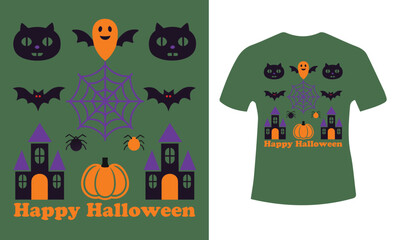 Spooky halloween night scene with haunted house bats and full moon