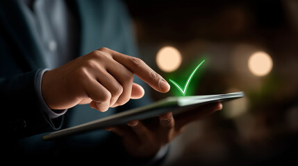 Quality manager hands validating digital documents with green checkmark hologram for certification and compliance processes on dark background. document validation digital