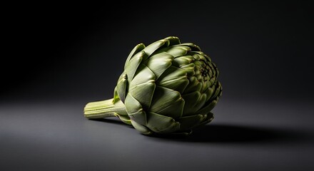 Fototapeta premium Elegant Green Artichoke, Dramatically Lit on Dark Background, Fresh Culinary Vegetable.