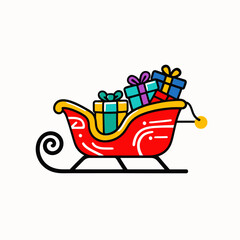 Naklejka premium A festive red Christmas sleigh filled with colorful wrapped presents and gifts.