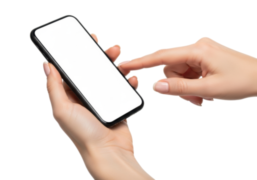 Extreme close-up of slender female hands with manicured nails, one holding a black smartphone with a blank screen, finger poised, on a transparent background, concept of digital connectivity and user