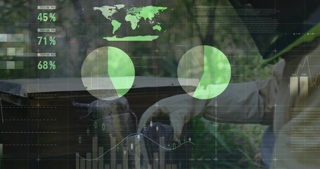 Lifting honeycomb frame beekeeper wearing protective gear in garden apiary with data overlay