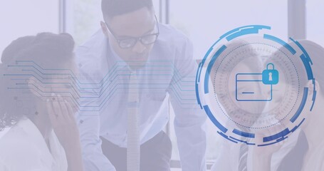 Three professionals discussing project plans in conference room, with digital security graphics