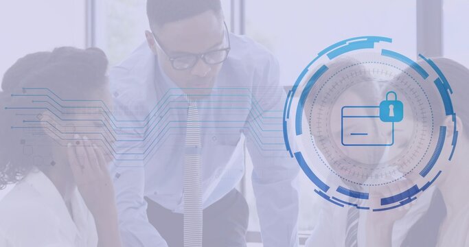 Three professionals discussing project plans in conference room, with digital security graphics