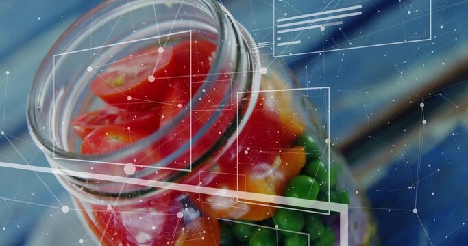 Showing glass jar holding multicolored candy pieces on blue tabletop with digital HUD overlays - Powered by Adobe
