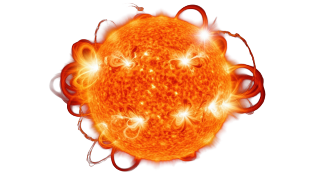 Incandescent celestial sphere, like a young star, emitting fiery orange-yellow molten plasma and solar flares, isolated in a deep black cosmic void, immense untamed cosmic power