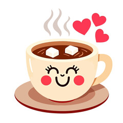 A cheerful cartoon cup of hot chocolate with marshmallows and floating hearts.
