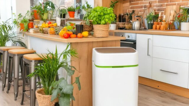 Modern compost container enhances eco friendly kitchen design with plants and natural light