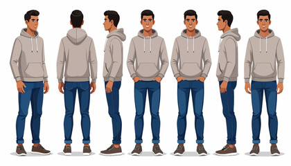 Fototapeta premium Full body view of a man wearing a gray hoodie and blue jeans, various poses.