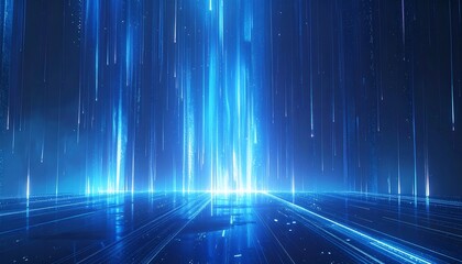 Abstract digital rendering showcasing cascading blue light streams over a reflective, grid-like surface