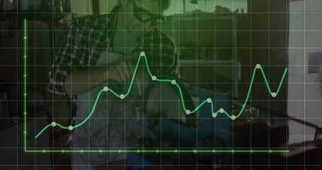Smoothing plank with hand plane, woodworker wearing apron in woodshop with green grid graph overlay